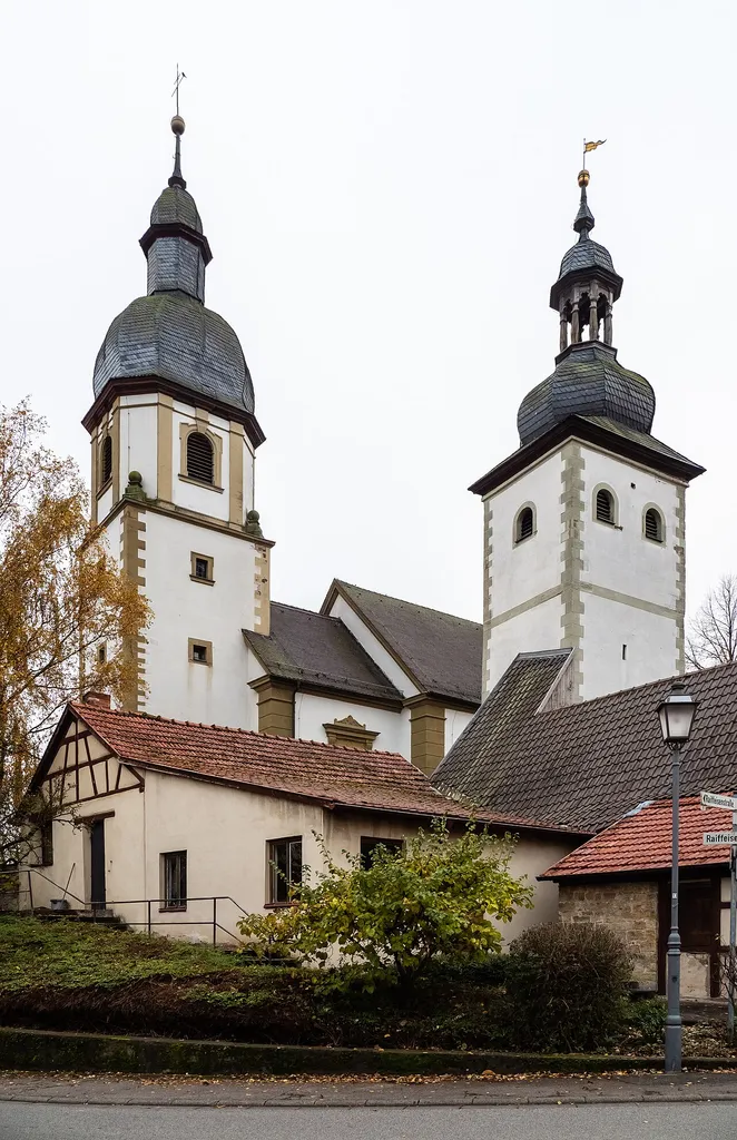 Parish church and tower of the former church fortification in Mechenried in the district Haßberge