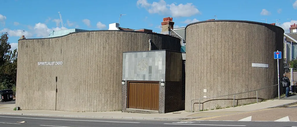 Brighton National Spiritualist Church, corner of Edward Street and Grosvenor Street, Brighton. Built between 1964 and 1965 to replace a nearby chapel demolished to make way for Amex House, the American Express headquarters. On Brighton &amp; Hove City Council's Local List of Heritage Assets.
