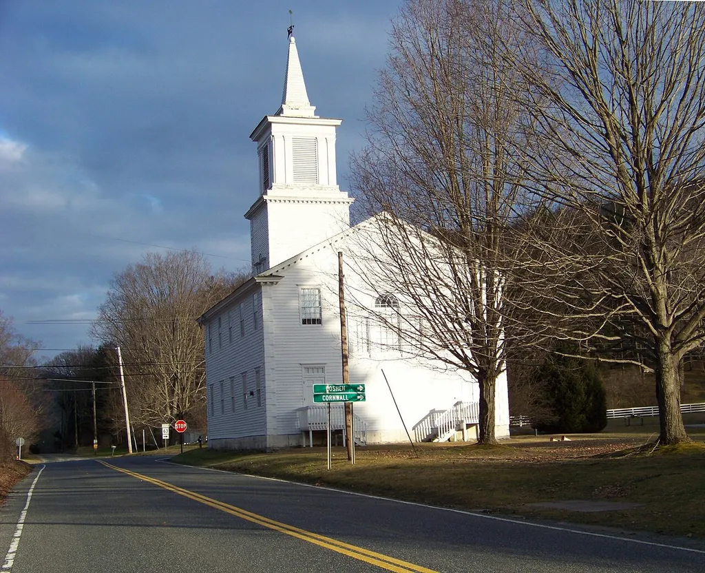 South Canaan Congregational Church, South Canaan, Connecticut, view from rear. Listed on the U.S. National Register of Historic Places.