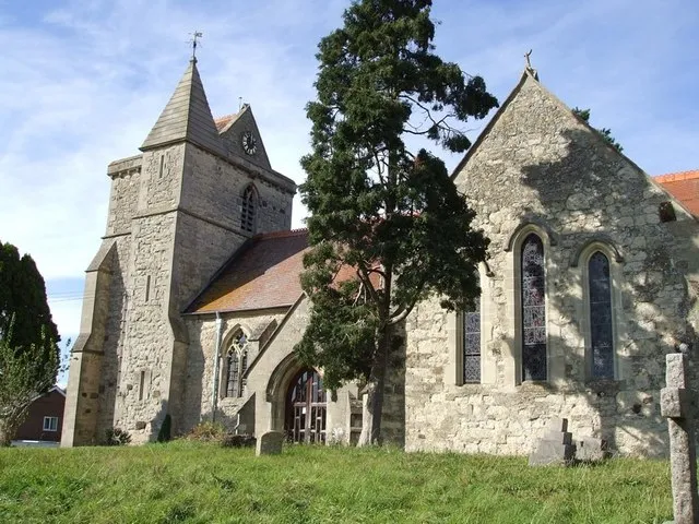 St. John the Baptist, Stone. This view of the church of St. John the Baptist, Stone is from the southern part of the church yard. It is very difficult to get the whole of the church into one photograph as it is quite long and is crammed rather tightly within its churchyard, hemmed in by tall trees on the northern and eastern sides. Some information can be found here http://www.acny.org.uk/277/