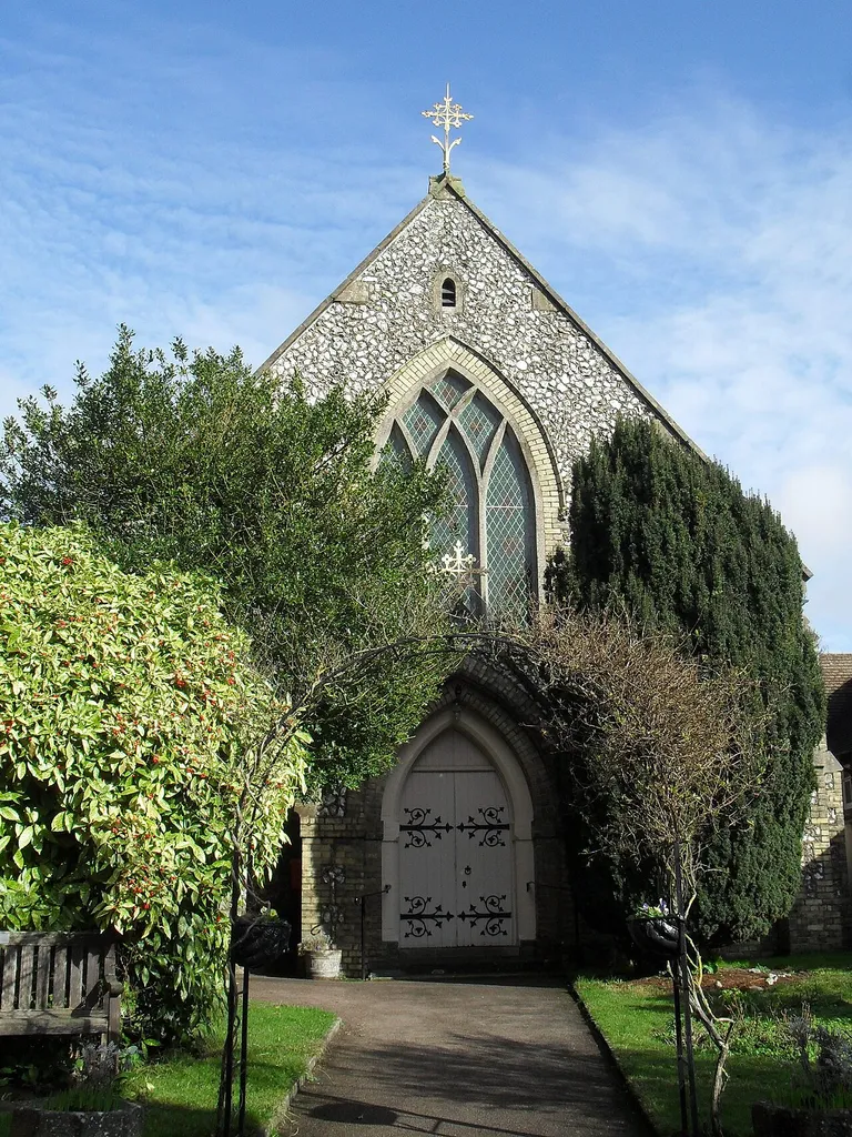 Steyning Methodist Church, High Street, Steyning, District of Horsham, West Sussex, England. A Gothic-style flint and yellow brick chapel built for Wesleyan Methodists in 1875–78.