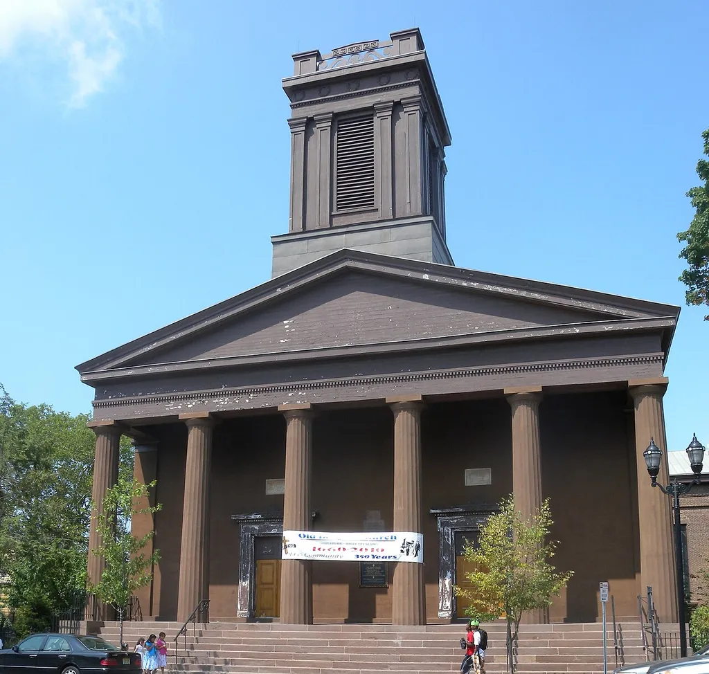 Looking west across Bergen Avenue at Old Bergen Church on a sunny midday. ZIP 07306.
