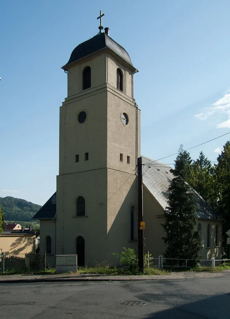 Evangelic church in the town of Česká Kamenice, Ústí nad Labem Region, Czech Republic as seen from the north