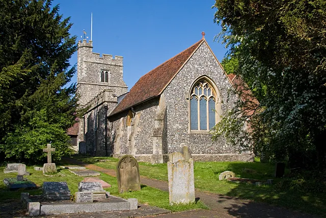 St. Giles, South Mimms Parish Church of South Mimms, seen from within the churchyard. The church tower is at the Blanche Lane end. This view is from beside the footpath that leads from Blanche Lane to St. Albans Road, behind me. The church is a nice example of a flint-knapped building. The chancel dates to the 13th century and the tower to circa 1450 (info from British History online).