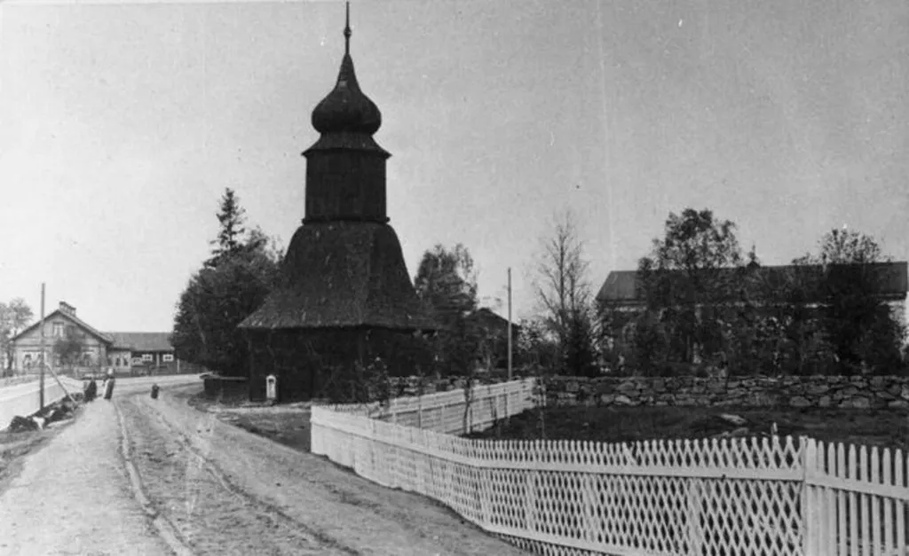 1757 completed bell tower of the Noormarkku Old Church, Finland. 1835 church on the right and the clergy house on the left.