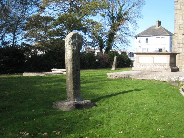Two ancient crosses in the grounds of Camborne Parish Church, near to Camborne, Cornwall, Great Britain.