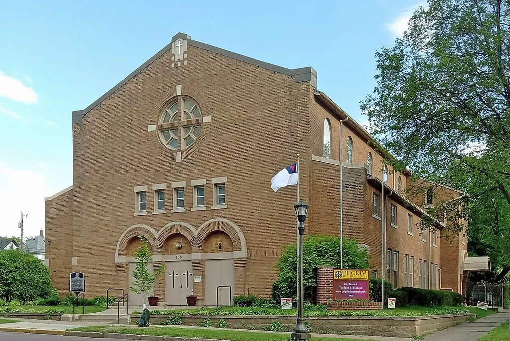Pilgrim Baptist Church, 732 Central Ave W, Saint Paul, Minnesota, USA. Viewed from the north-northwest. This is an image of a place or building that is listed on the National Register of Historic Places in the United States of America. Its reference number is 91000438 (Wikidata).