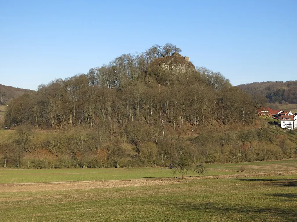 Location of the castle ruin Haselstein in the Rhön Mountains in Hesse, seen from southwest