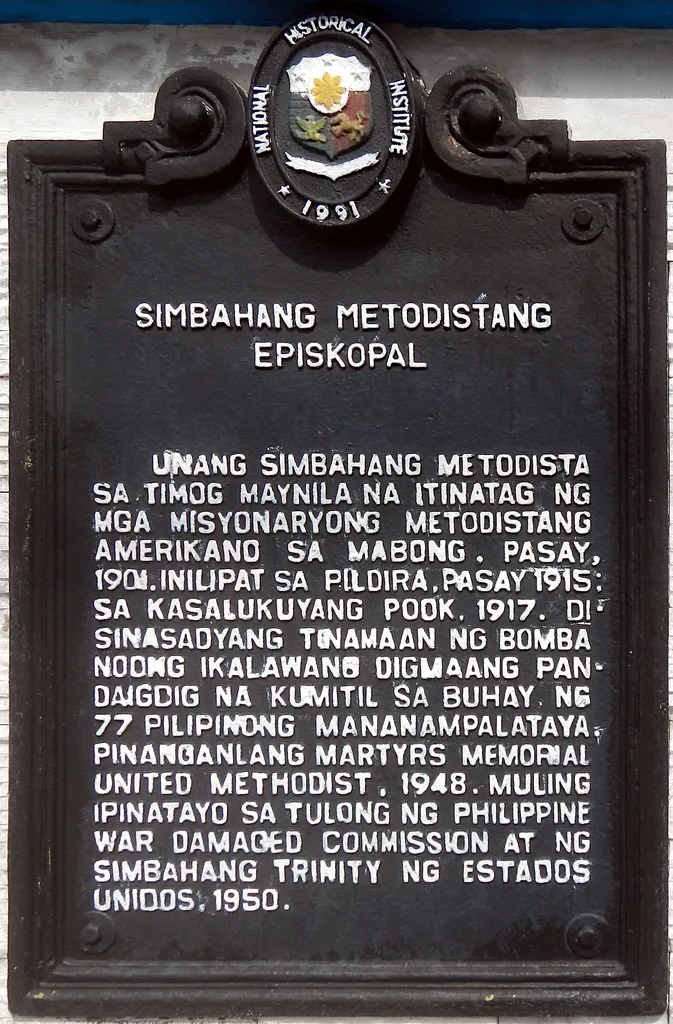 Historical marker created by the Philippines' National Historical Institute in 1991 to commemorate the Martyrs' Memorial United Methodist Church