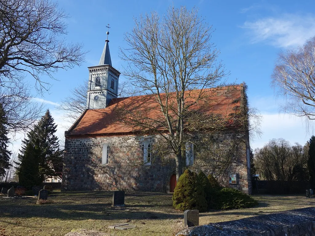 South-south-eastern view of the church in Neuenfeld , Schönfeld municipality, Uckermark district, Brandenburg state, Germany