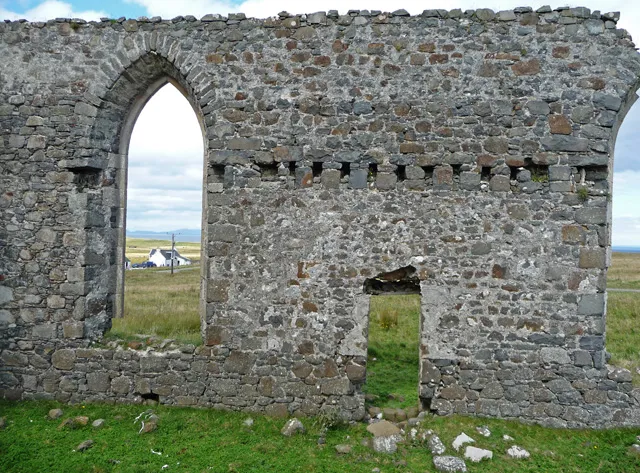 Church ruins The wall on the west of the building, seen from what was the interior. The church dates from 1810. It is shown intact on the 1903 OS map, but was documented as ruinous in 1961, so its demise was somewhere between those years.