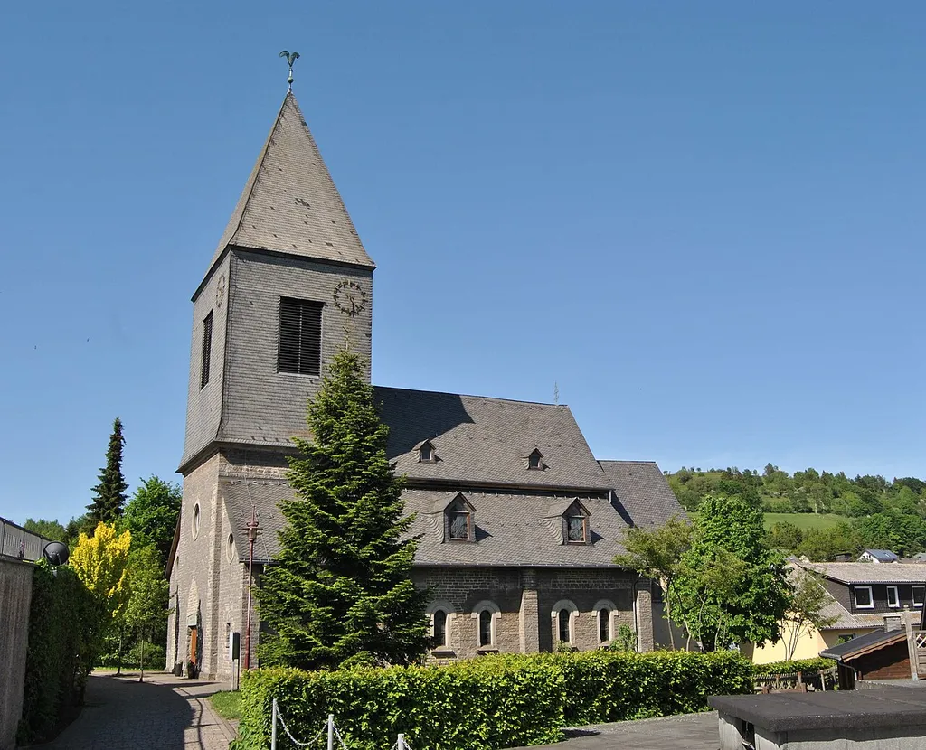 View from south of the Protestant Saint Kilian Church in Usseln, Willingen (Upland), Hesse