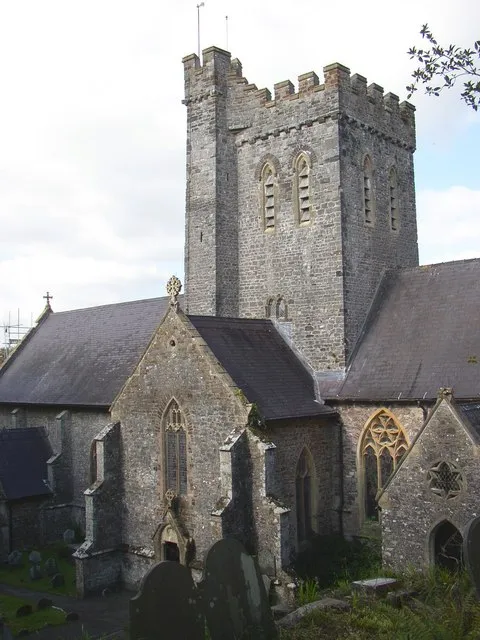 The tower of Laugharne Church The church is basically 13C, but restored in 1873.