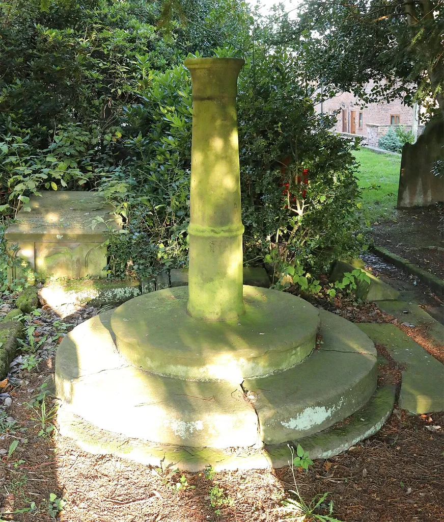 Remains of the sundial in the churchyard of St Andrew's church, Tarvin. This mid-18th century sundial used to have a bronze plate signed ROB T GAWLEY CHESTER with numerals in italicised Roman lettering, the points of the compass and an engraved central star. Scrolled gnomon. The bronze plate and scrolled gnomon are missing, thought stolen in 1995. .mw-parser-output .messagebox{margin:4px 0;width:auto;border-collapse:collapse;border:2px solid var(--border-color-progressive,#6485d1);background-color:var(--background-color-neutral-subtle,#fbfcff);color:var(--color-base,#202122);box-sizing:border-box;border-inline-start-width:8px}.mw-parser-output .messagebox.mbox-small{font-size:88%;line-height:1.25em}.mw-parser-output .mbox-warning,.mw-parser-output .mbox-speedy{border:2px solid var(--border-color-error,#b22222);background:var(--background-color-error-subtle,#ffdbdb);border-inline-start-width:8px}.mw-parser-output .mbox-serious,.mw-parser-output .mbox-delete,.mw-parser-output .mbox-stop{border:2px solid var(--border-color-error,#b22222);border-inline-start-width:8px}.mw-parser-output .mbox-issue,.mw-parser-output .mbox-content{border:2px solid #f28500;background:var(--background-color-warning-subtle,#ffe);border-inline-start-width:8px}.mw-parser-output .mbox-query,.mw-parser-output .mbox-style{border:2px solid #f4c430;background:var(--background-color-warning-subtle,#ffe);border-inline-start-width:8px}.mw-parser-output .mbox-shit{border:2px solid #960;border-inline-start-width:8px}.mw-parser-output .mbox-license{border:2px solid #88a;border-inline-start-width:initial}.mw-parser-output .mbox-legal{border:2px solid var(--border-color-notice,#666);background:var(--background-color-base,#fff);border-inline-start-width:8px}.mw-parser-output .mbox-honor{border:2px solid #ca3;background:var(--background-color-warning-subtle,#fcf4db);border-inline-start-width:8px}.mw-parser-output .mbox-growth{border:2px solid #8d4;background:var(--background-color-success-subtle,#d5fdf4);bor