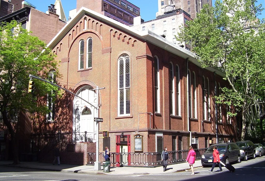 The First Moravian Episcopal Church at 154 Lexington Avenue on the corner of East 30th Street in the Rose Hill neighborhood of Manhattan, New York City was built c.1845 in Romanesque Revival style as the Rose Hill Baptist Church, which became the Madison Avenue Baptist Church. When the Baptist parish left, the church briefly became the Episcopal Church of the Mediator. The Moravian congregation, members of the Unitas Fratrum (Unity of the Brethren), had been organized in 1748, and had its first sanctuary on Fulton Street by 1752, which was replaced by a new building in 1829. The parish moved to their current location in 1869. (Source: From Abyssinian to Zion (2004))