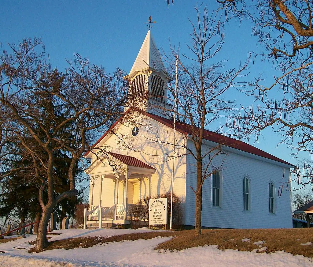The Salem Church in Monroe County, Ohio. Located on SR 255 north of Sardis, the church was placed on the NRHP in 1992. Camera photographing southwest face. Taken March 4, 2010.