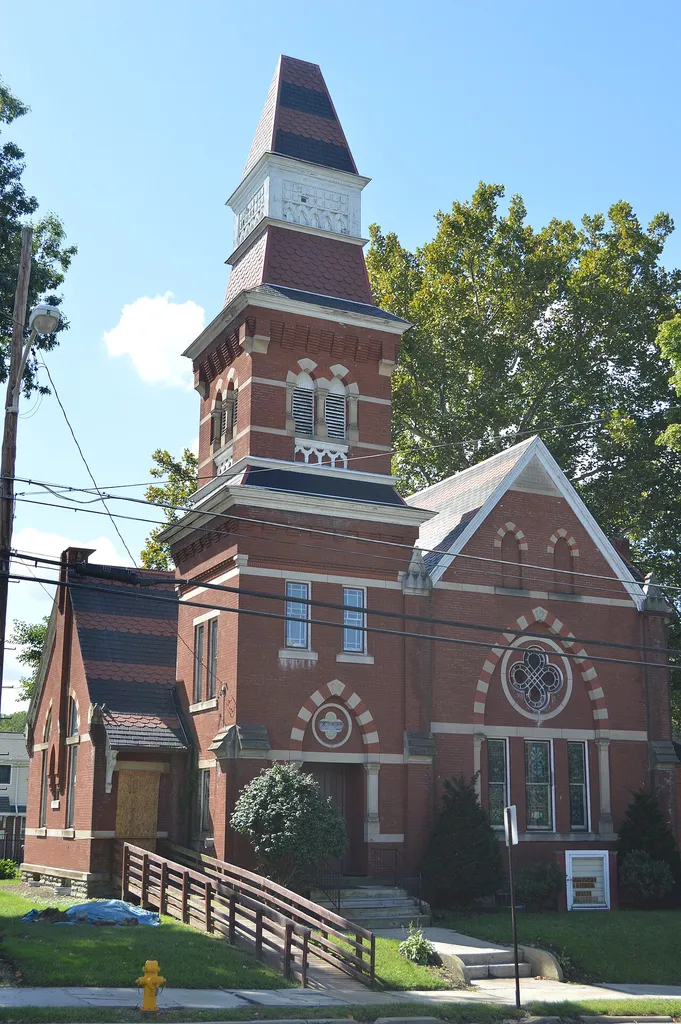 Front of the First Universalist Church of Sharpsville (now the historical society museum), located at 131 N. Mercer Avenue in Sharpsville, Pennsylvania, United States. Built in 1882, it is listed on the National Register of Historic Places.