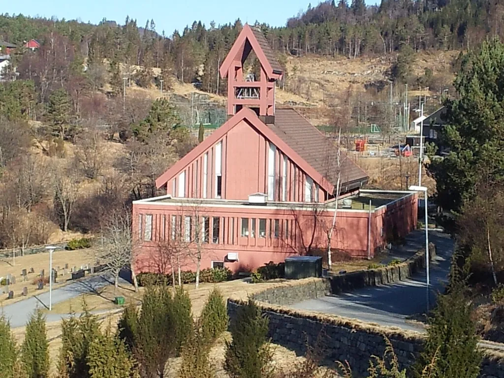 Ostereide church in Lindås, Norway, from 1988. Architect Einar Vaardal Lunde A/S by Bengt Suleng.