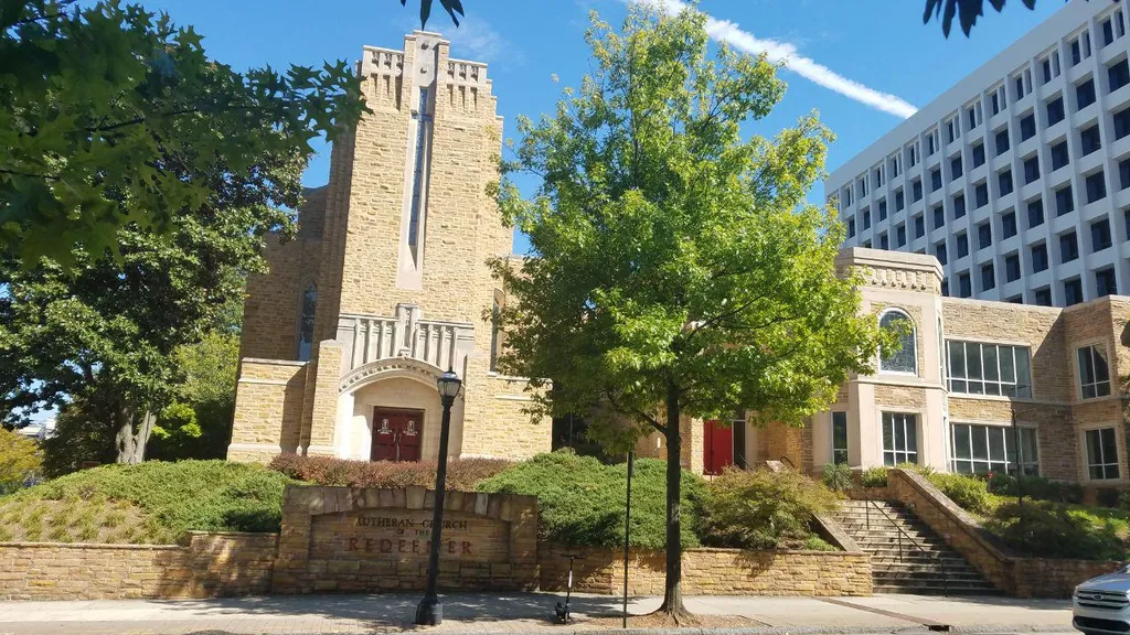 Lutheran Church of the Redeemer at the intersection of Peachtree Street and Fourth Street in Atlanta, Georgia.