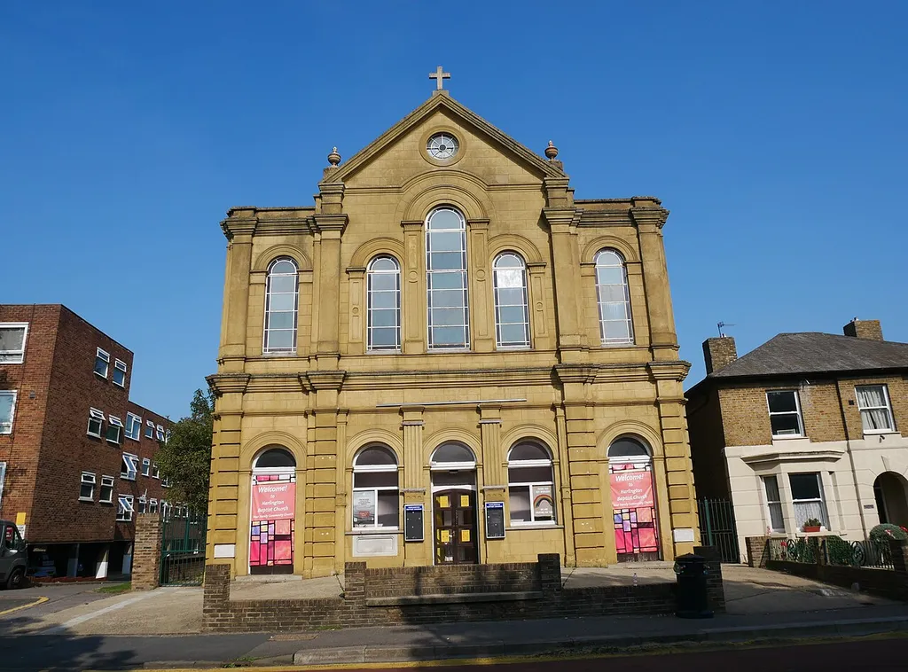 The Grade II listed Harlington Baptist Church in the London Borough of Hillingdon, as seen from the west. This is a photo of listed building number 1080195.