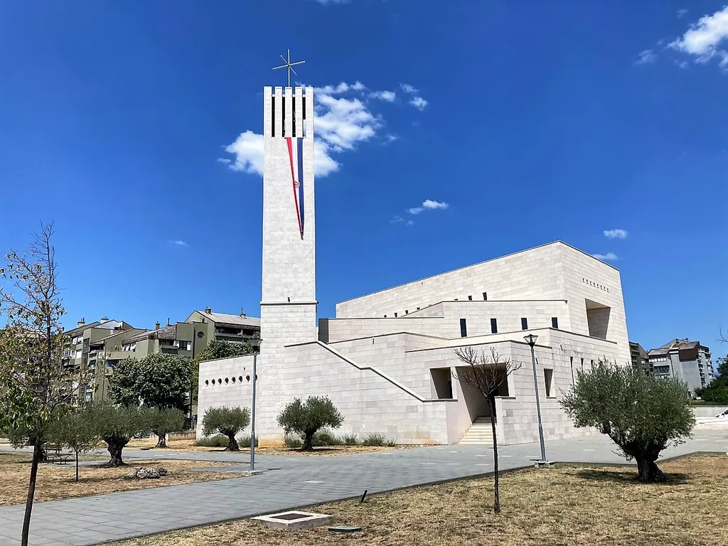 Lateral view on the Church of Our Lady of the Great Croatian Baptismal Covenant in Knin, Croatia, filmed on August 5th, 2022.