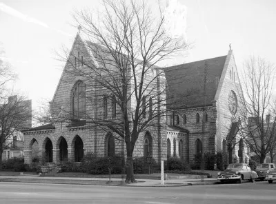Photo of the exterior of the historic Church of the Good Shepherd in downtown Raleigh, North Carolina. Taken as part of the Capital City Photographic Survey by the state government.
