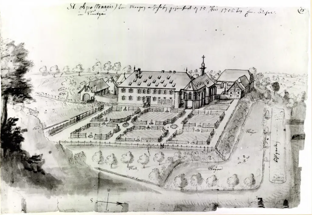 Les bâtiments de l’abbaye Saint-Apollinaire dessinés le 15 septembre 1756 par Emmanuel Büchel.