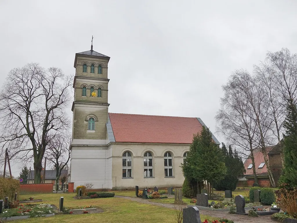 Southwestern view of the church in Tarmow , Fehrbellin municipality , Ostprignitz-Ruppin district, Brandenburg state, Germany.