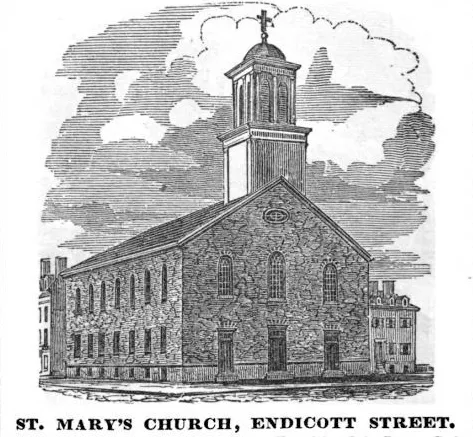 Sketch of St. Mary's Catholic Church on Endicott Street in the North End of Boston, Massachusetts