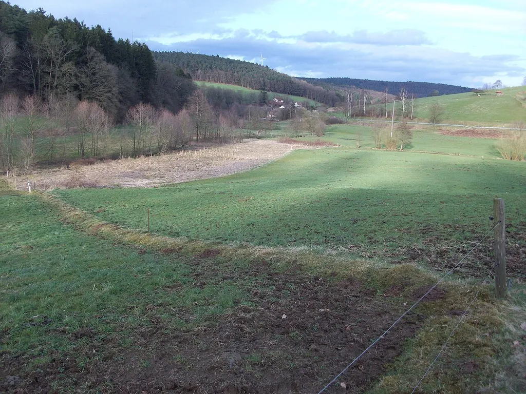 Lage der abgegangenen Burg Güttersbach zwischen Mösselbach (links) und Güttersbach (rechts) nördlich des Mösselbachweges nördlich des Ortsausgangs Güttersbach