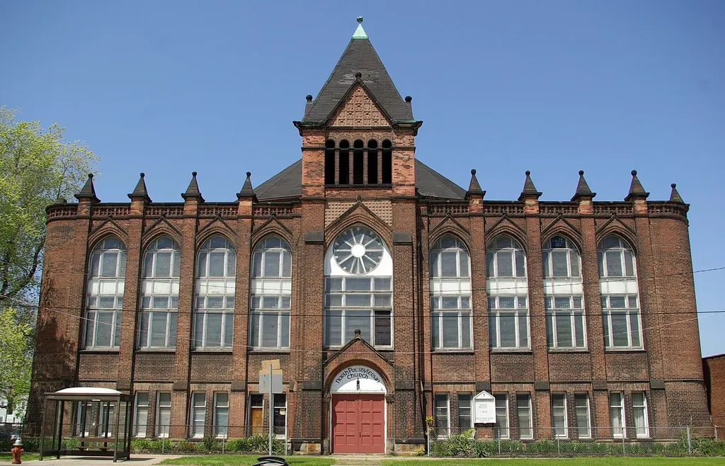 A view of North Presbyterian Church at 4001 Superior Avenue, in Cleveland, Ohio. The structure, built in 1887, was designed by Coburn and Barnum, architects. It is listed on the National Register of Historic Places.