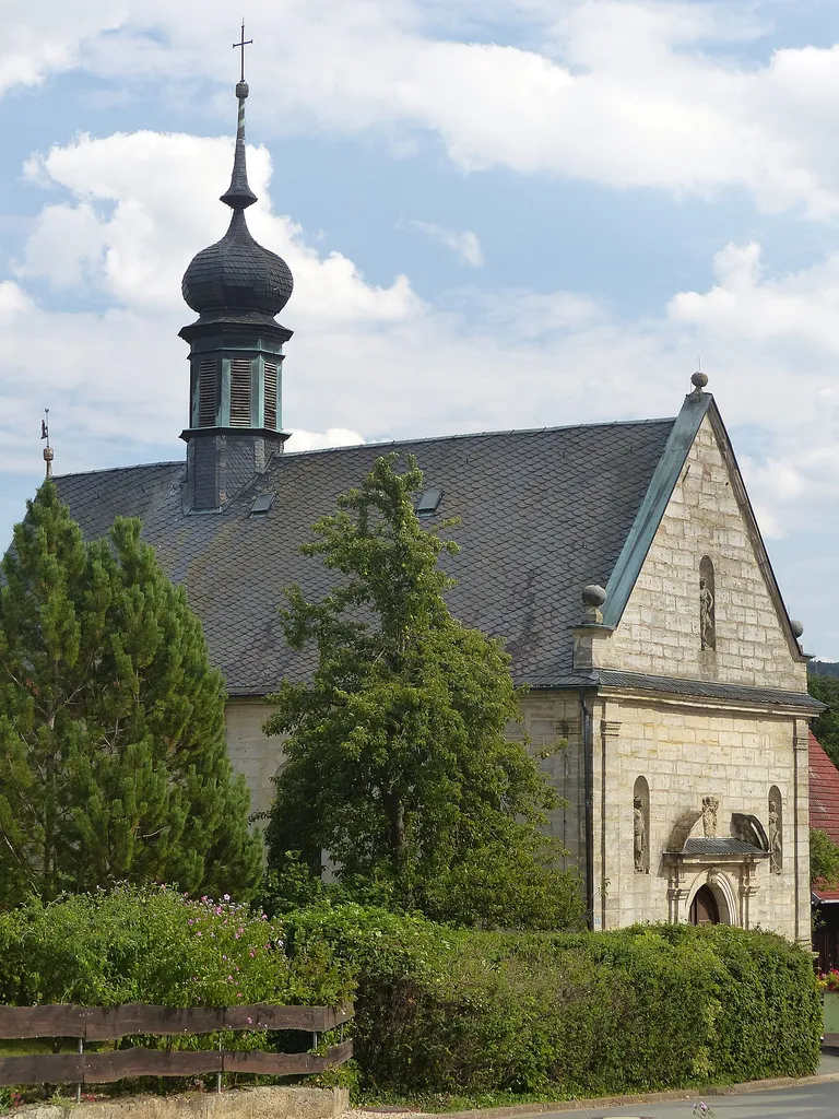 The northwestern view of the church of Schirnaidel, a village and district of the municipality of Eggolsheim.