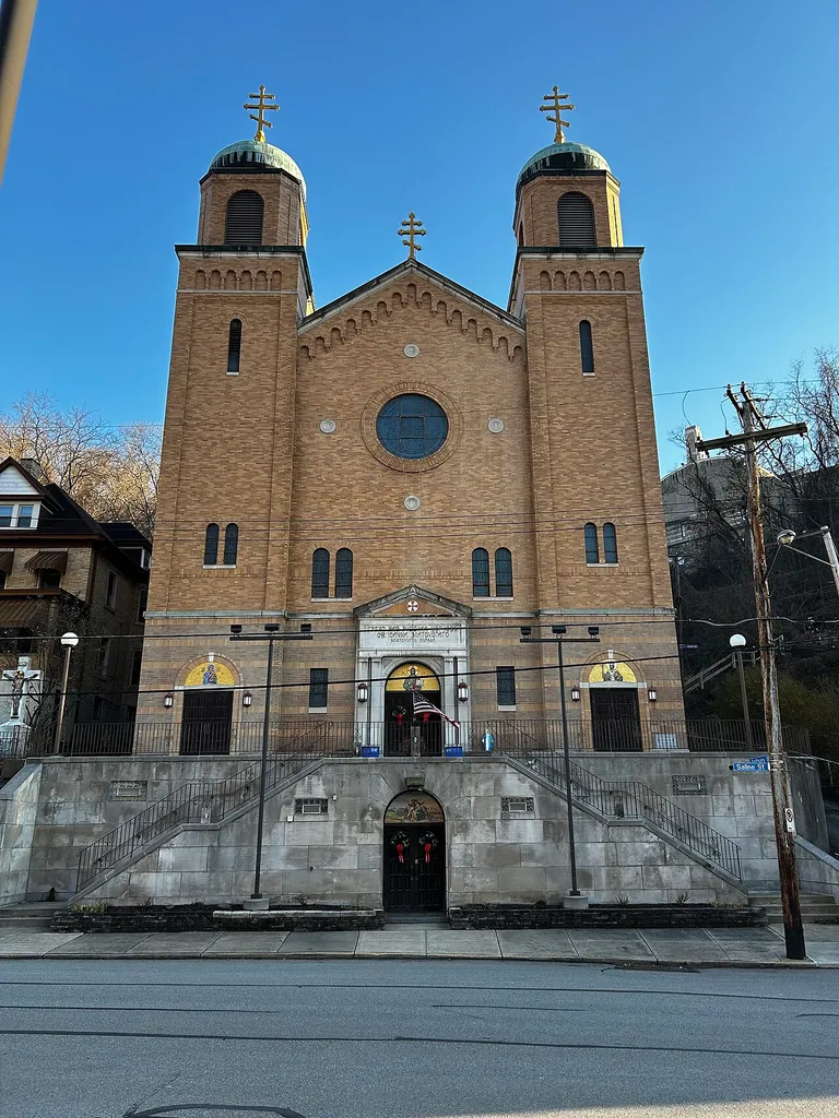 St. John Chrysostom Byzantine Catholic Church, Four Mile Run, Greenfield, Pittsburgh, Pennsylvania, USA. Full view of the façade.