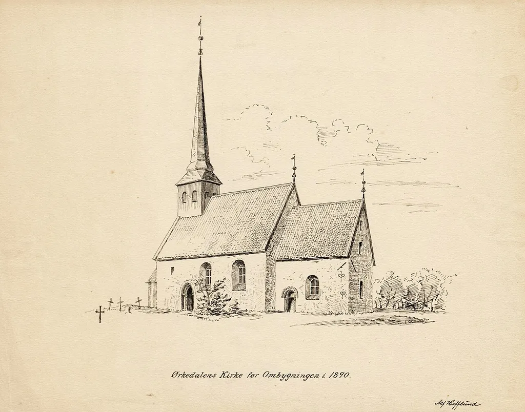 Bildet er hentet fra Riksantikvaren. Perspektivskisse før ombygning 1890 Eier : Riksantikvaren Sted : Norway, Sør-Trøndelag, Orkdal Emneord: "MIDDELALDER, STEINKIRKER", TEGNINGER (DOKUMENTASJON), ARKITEKTURTEGNINGER, TEGNINGER (KUNST) Medium : Tusj This is a photo of a monument in Norway, number: 85235 in the Norwegian Directorate for Cultural Heritage database.