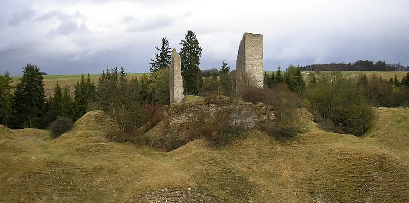 Hochmittelalterliche Burgruine Bechthal (Gemeinde Raitenbuch, Landkreis Weißenburg-Gunzenhausen, Mittelfranken). Die Hauptburg von Süden. Eigene Aufnahme, März 2008 / High Middle Ages Bechthal castle ruin near Raitenbuch, Middle Franconia, Bavaria, Germany). Central castle from the south. Own photo, March 2008