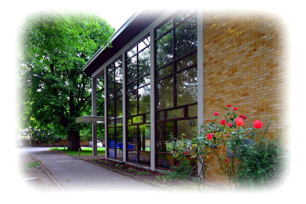 West of Grade II Modernist church designed by Edward Mills (1915-1998), built 1958-9. RC frame with folded concrete slab roof, light yellow brick and glazing. London Borough of Merton. Album... (CC-by-SA - anyone can freely use this size file anywhere, provided accompanied by the credit: Photo by George Rex.)