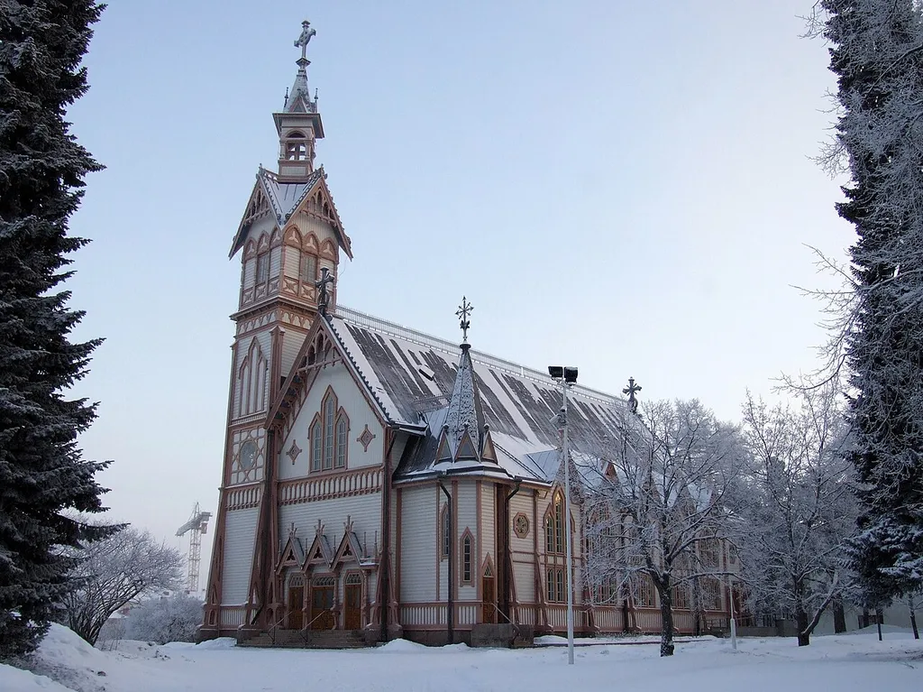 Kajaani church in Kajaani, Finland. The wooden church was designed by architect Jac. Ahrenberg and built in 1897.