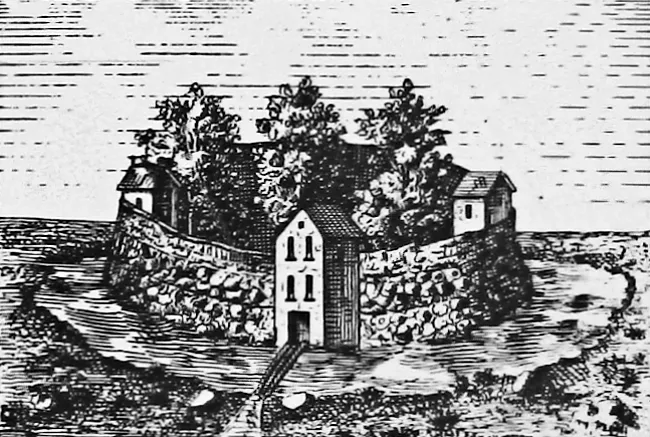 Burg Arnesvelde, eine Darstellung von 1897. Die Darstellung folgt einem der Randleistenbilder der sogenannten Rantzau-Tafel aus dem 16. Jahrhundert, die gegenwärtig auf Gut Krengerup auf Fünen aufbewahrt wird