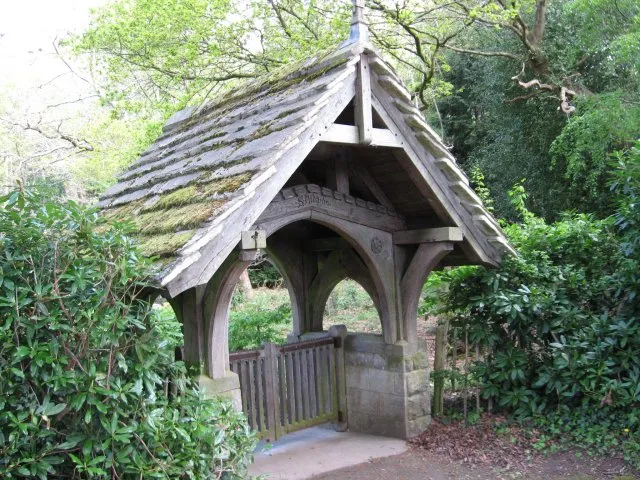 Lych gate of St Aldhelm's chapel yard, Lytchett Heath, Dorset, seen from the southwest