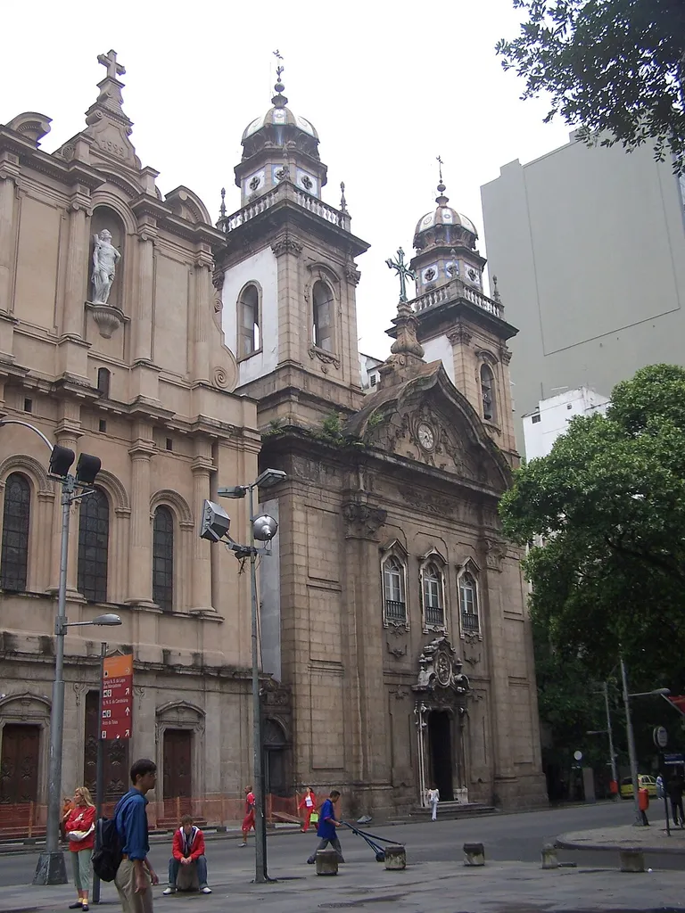 Façades of the Old Cathedral of Rio (left) and Church of Terceiros do Carmo (right) in Rio de Janeiro, Brazil.