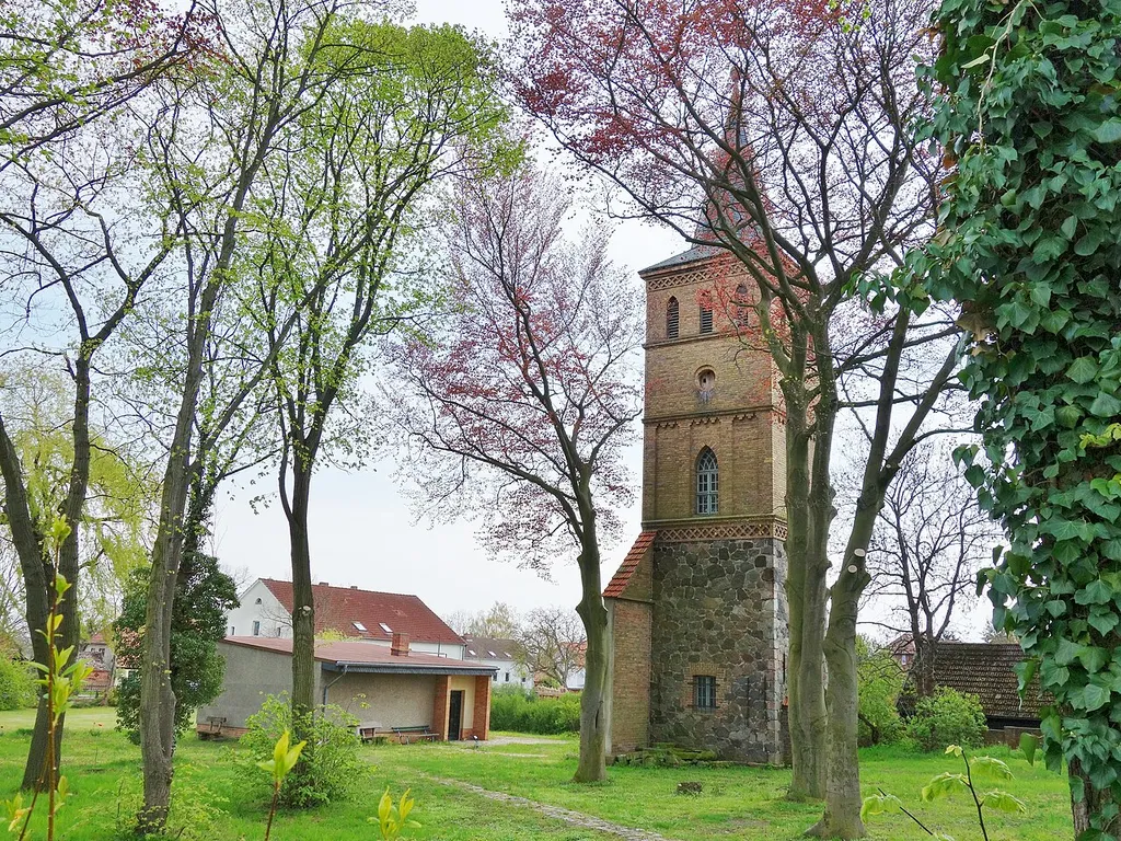 North-north-western view of church in Brädikow, Wiesenaue municipality, Havelland district, Brandenburg state, Germany.