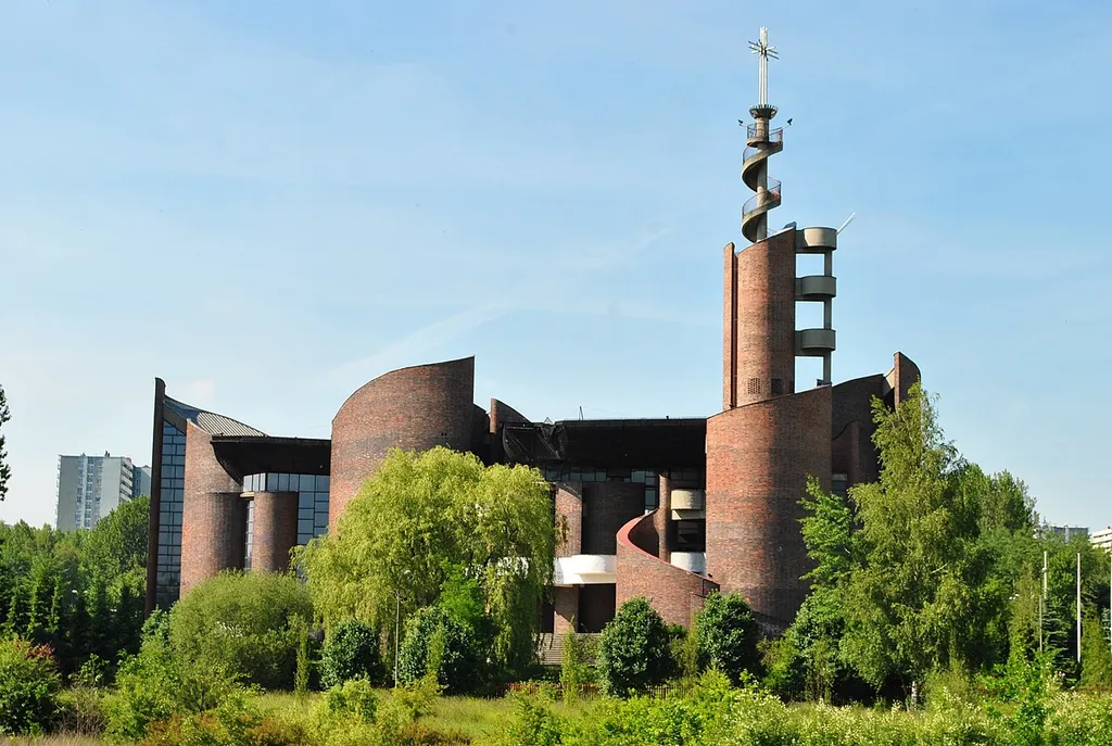 Church of the Exaltation of the Holy Cross and Our Lady of Health of the Sick in Katowice. View from the parking lot at Auchan