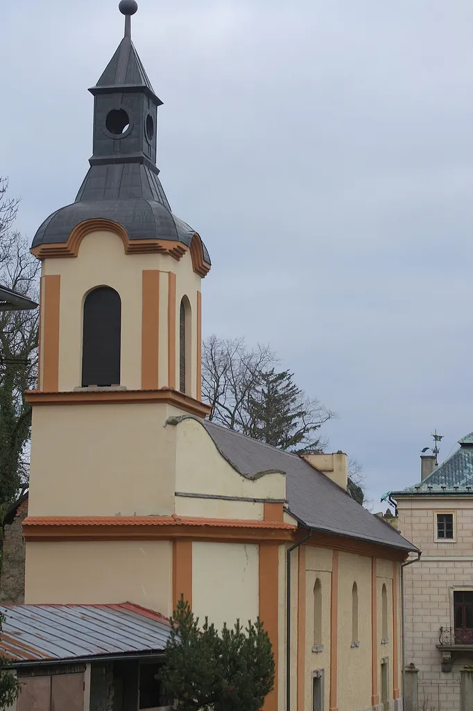 Church of St. Wenceslas, Jizerni Vtelno, Mladá Boleslav Distict, Central Bohemian Region. A late Baroque church with a decorative gable façade on the east side and a prismatic tower was created in 1767 under the guidance of famous Prague architect Filip Heger by an adaptation of the former water tower and granary. Rococo equipment. The main altar is framed with angels and the image of St. Wenceslas.