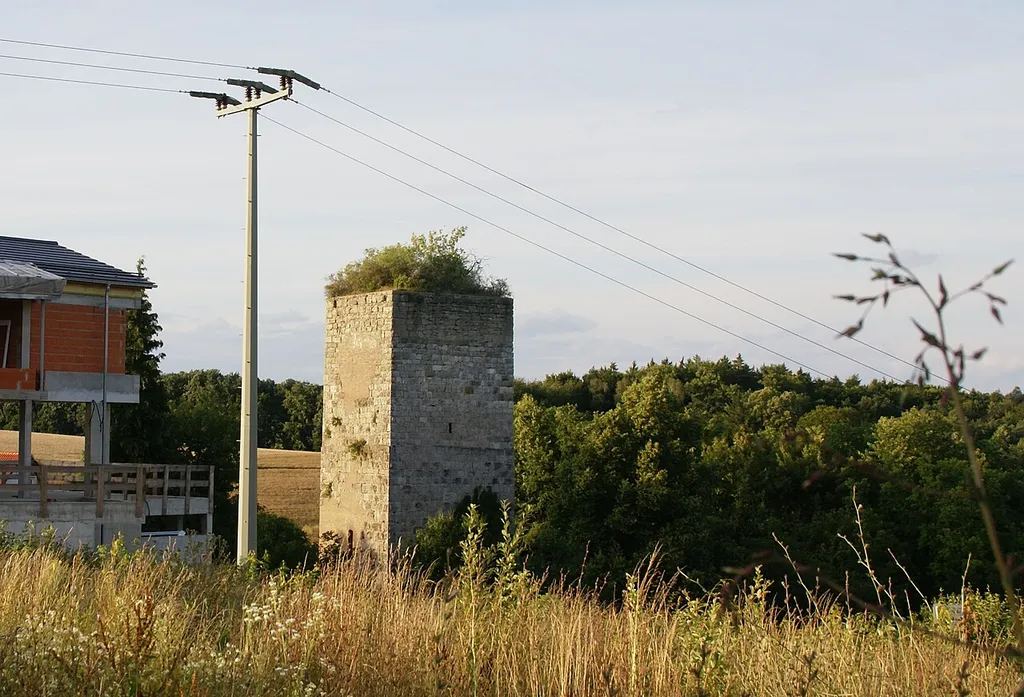 Ansicht des Bergfrieds der Niederviehhausener Burg aus Südwesten