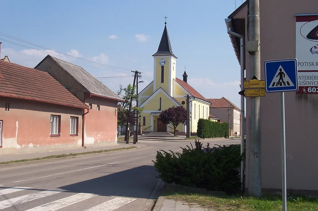 Topolná in Uherské Hradiště District, Czech Republic. Church from 1940.