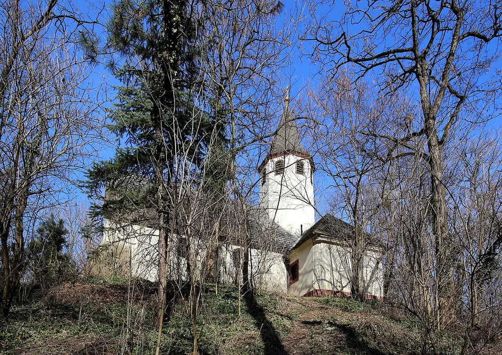 Südwestansicht der katholischen Filialkirche hl. Johannes in Oberhausen, ein Ortsteil der niederösterreichischen Stadt Groß-Enzersdorf. Der heutige Kirchenbau stammt urkundlich aus dem Jahr 1652/53. Er steht auf einem 7,5 Meter hohen künstlich aufgeschüttetem Erdhügel, der von einem Ringgraben umgeben ist. Hügel und Wassergraben waren ursprünglich Teil der Verteidigungsanlagen der Festung Sachsengang und wurden um das Jahr 1000 errichtet.