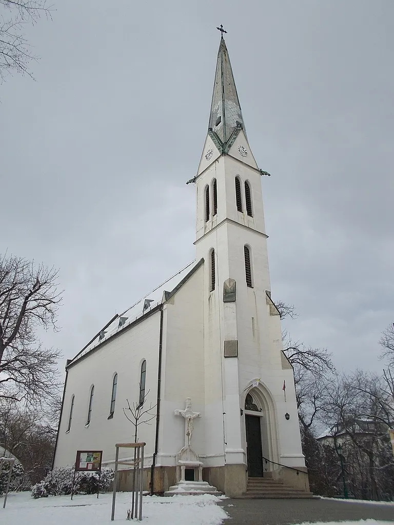 Saint Ladislaus Church built to chapel in 1860 planned by Romano von Ringe partly/maybe Miklós Ybl, in 1866 remodelled to church, extended in 1886 by Ferenc Pfaff - 15/A Diana utca, Istenhegy, 12th district of Budapest.