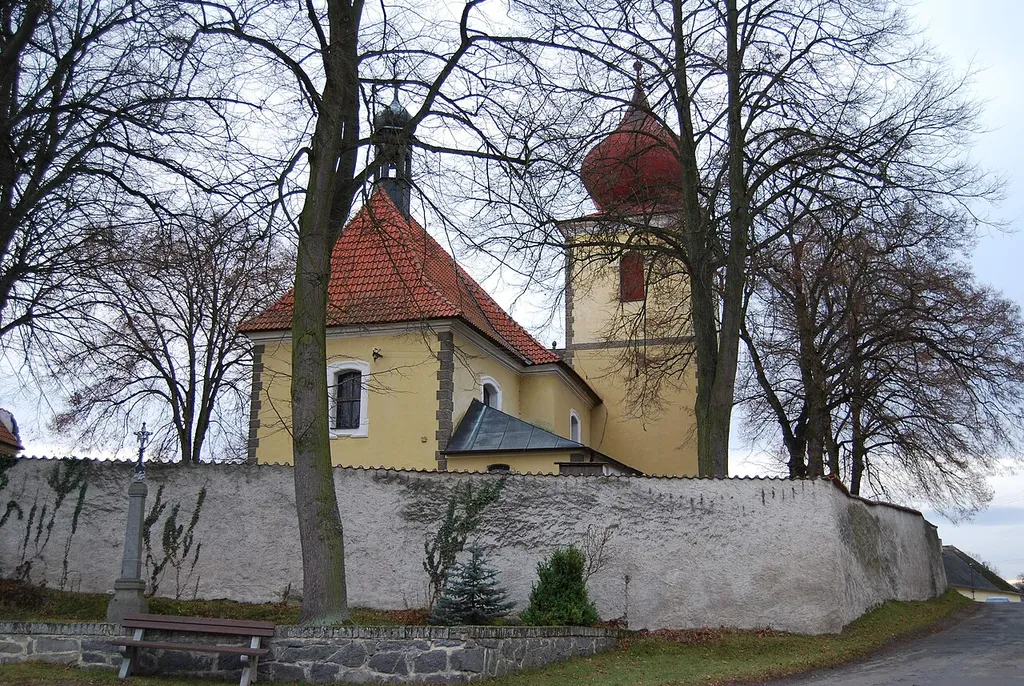 Kostel sv. Ondřeje ve vesnici. Radobytce. Část města Mirotice v okrese Písek. Česká republika.