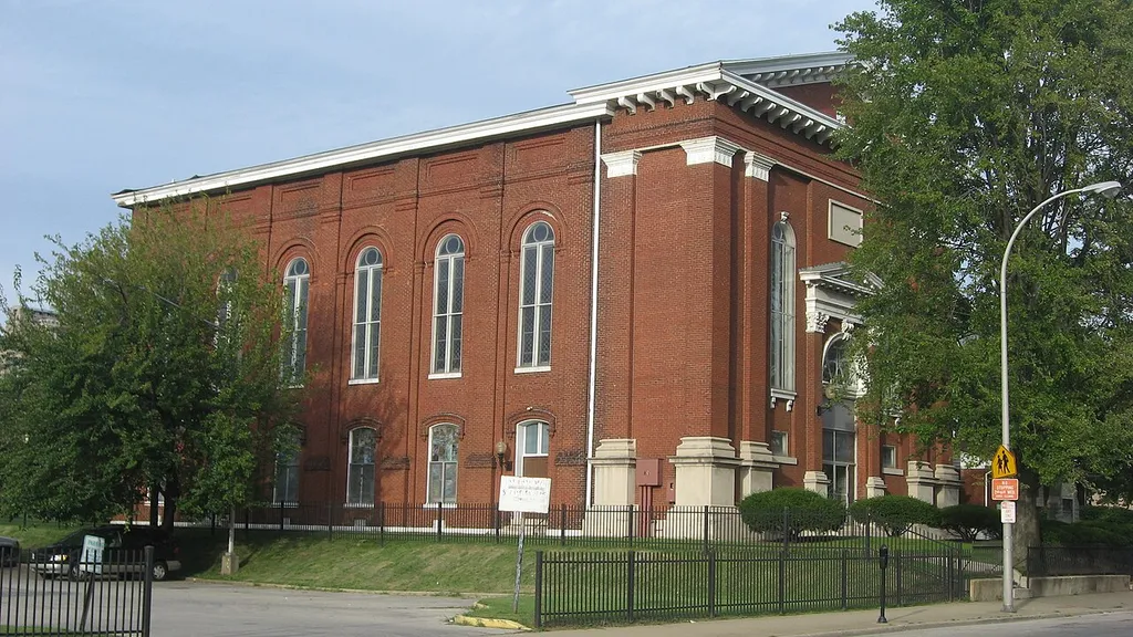 Western side and front of the Chestnut Street Methodist Church, located at 809 W. Chestnut Street in downtown Louisville, Kentucky, United States. Built in 1864, it is listed on the National Register of Historic Places.