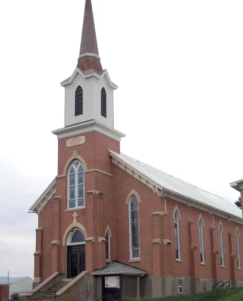Front view of Sacred Heart-Saint Wenceslaus Roman Catholic Church in Pine Creek, Wisconsin